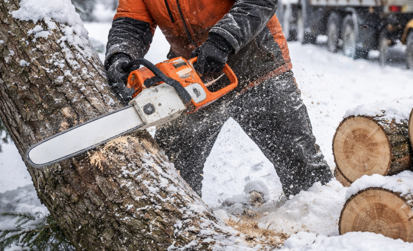 Arborist cutting tree in the winter